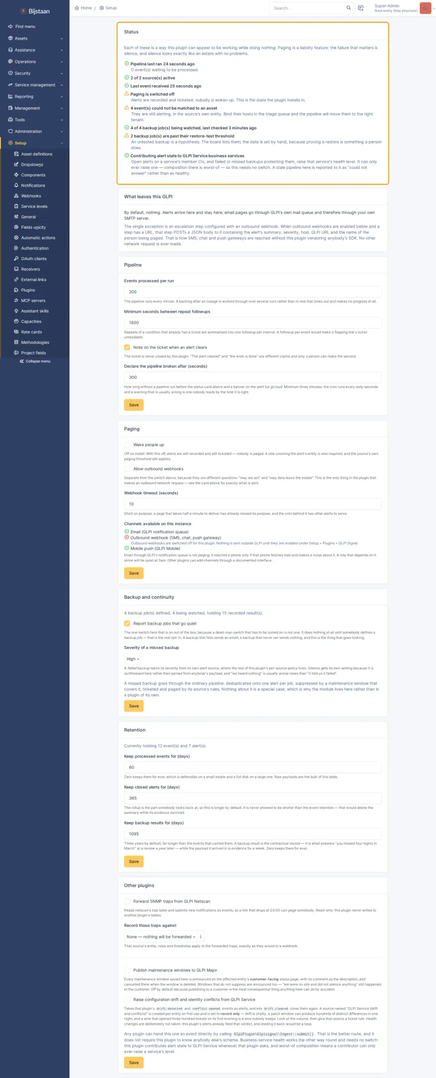 Settings status card: heartbeat, active sources, last event, paging state, untested backups