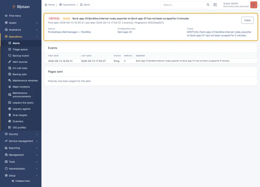 An event and alert pipeline with on-call paging. Monitoring stays where it is.