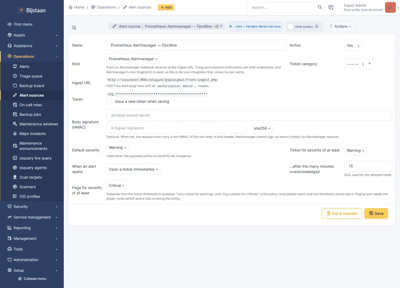 Alert source: ingest URL, bearer token, ticket and paging thresholds