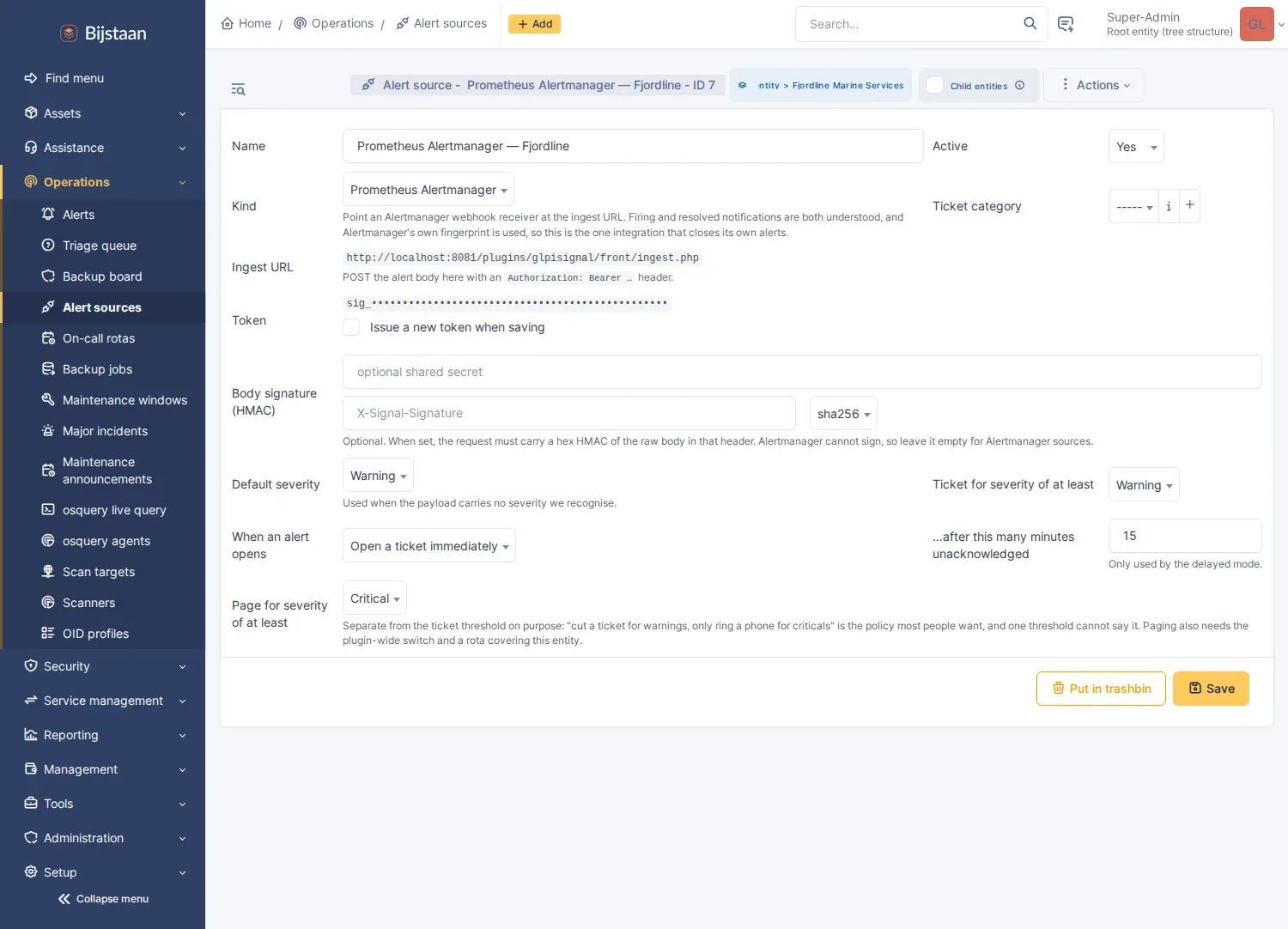 Alert source: ingest URL, bearer token, ticket and paging thresholds