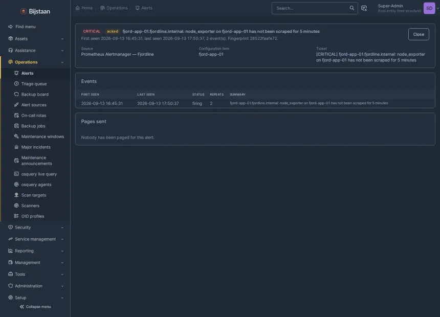 One alert: matched CI, the ticket it cut, folded events, paging record, Acknowledge