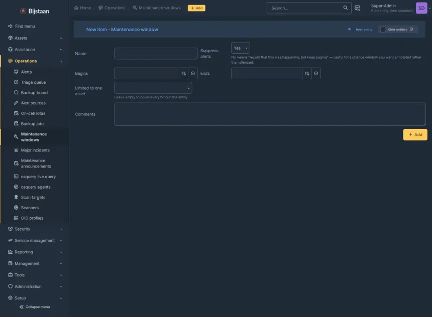 Maintenance window with a Suppress switch that can be off, to annotate without silencing
