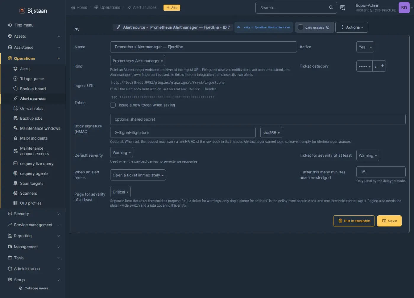 Alert source: ingest URL, bearer token, ticket and paging thresholds