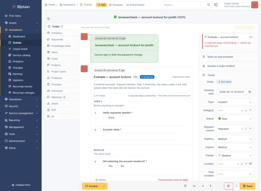 Interactive procedures that find the ticket, ask only the questions that apply, and record the answers as data.