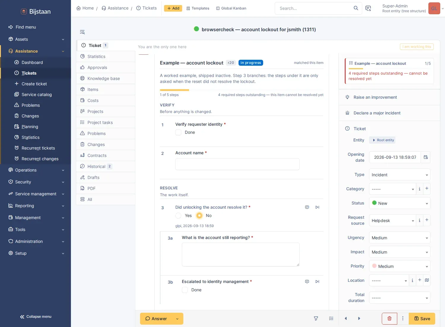 Checklist in the ticket timeline, branch open, reminder in the fields panel