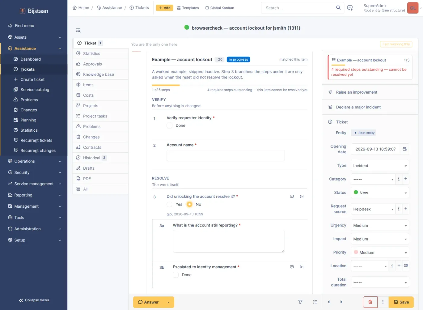 Checklist in the ticket timeline, branch open, reminder in the fields panel