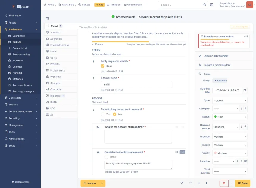 Interactive procedures that find the ticket, ask only the questions that apply, and record the answers as data.