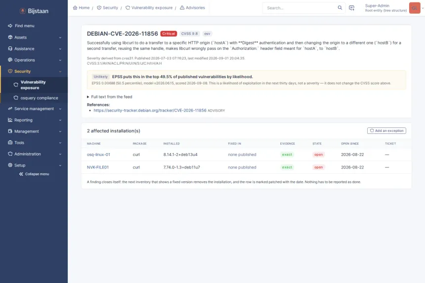 An advisory with the feed's text and references, and every affected installation with package, installed version, fix version, confidence tier and exposure clock