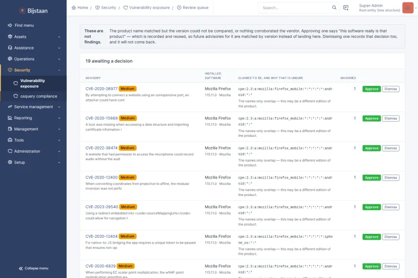 Review queue: name-level matches with the software, the claimed CPE product, machines affected, why it is unsure, Approve/Dismiss
