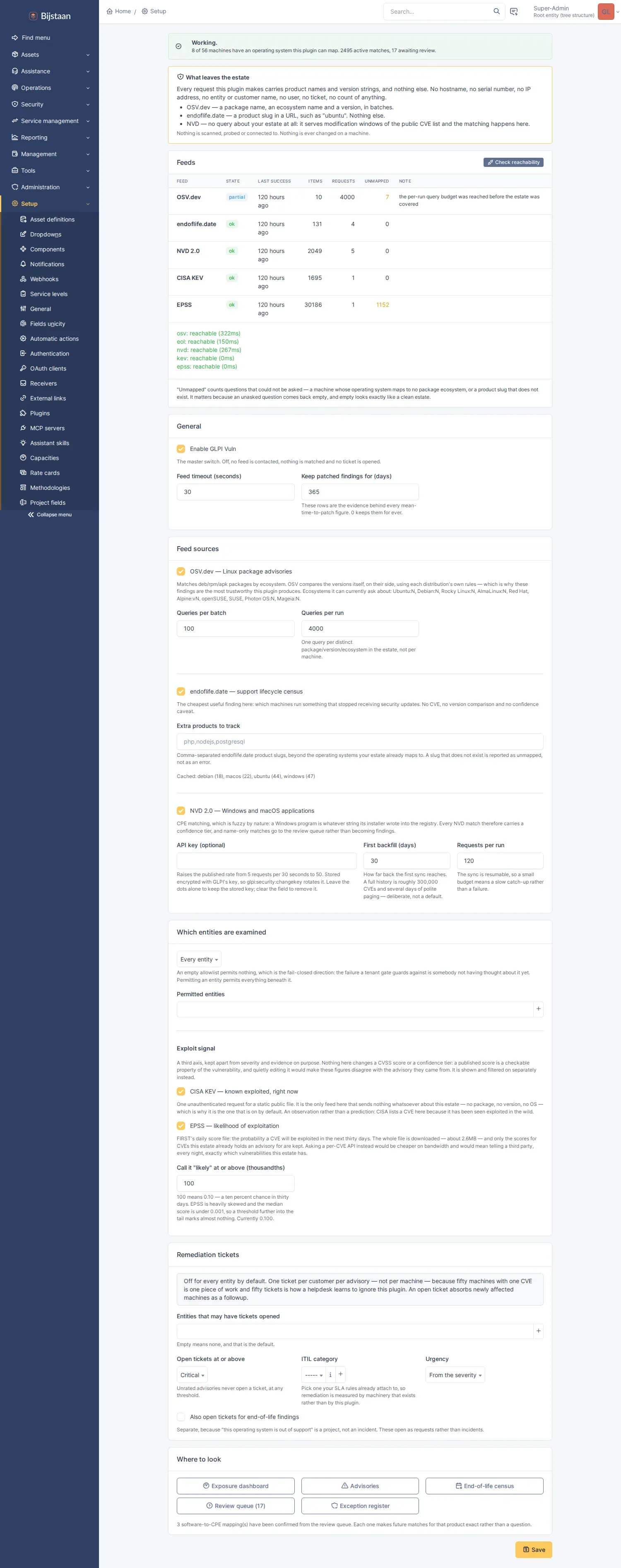Settings page: status card, what leaves the estate, per-feed table with last run, item counts and unmapped count