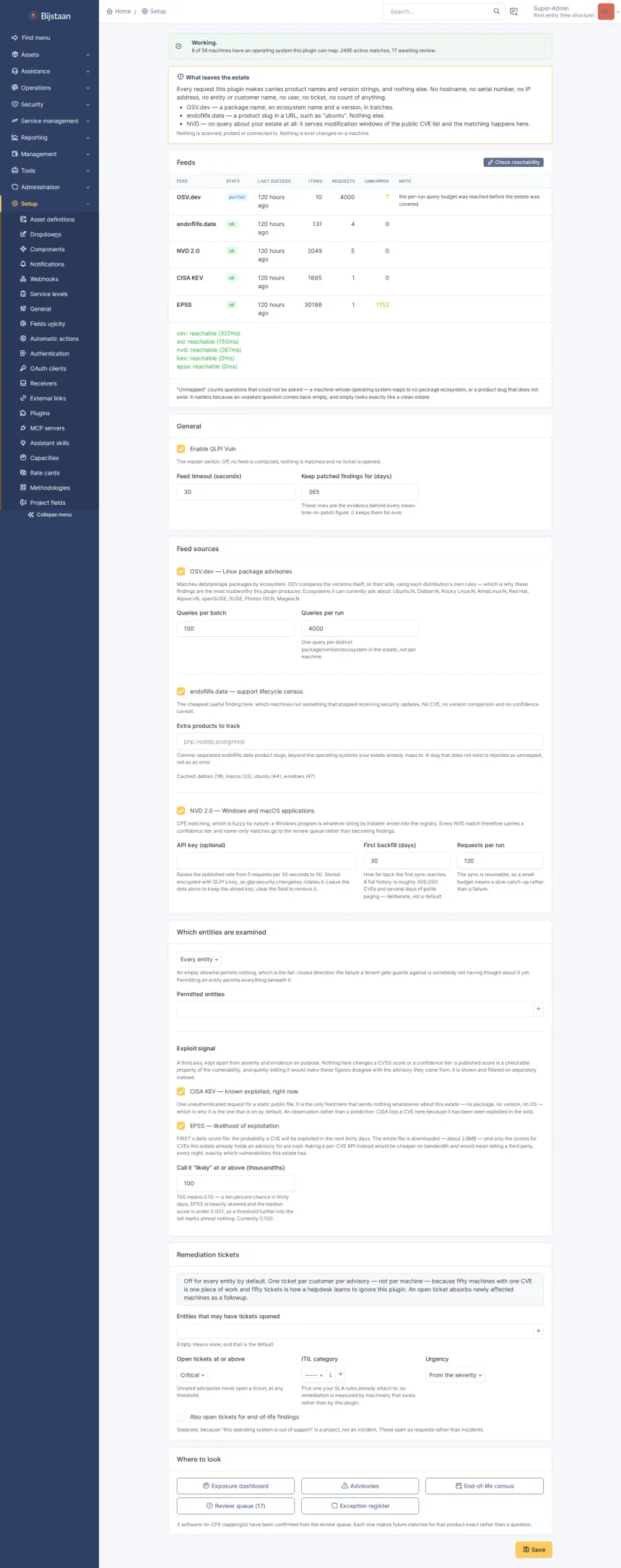 Settings page: status card, what leaves the estate, per-feed table with last run, item counts and unmapped count