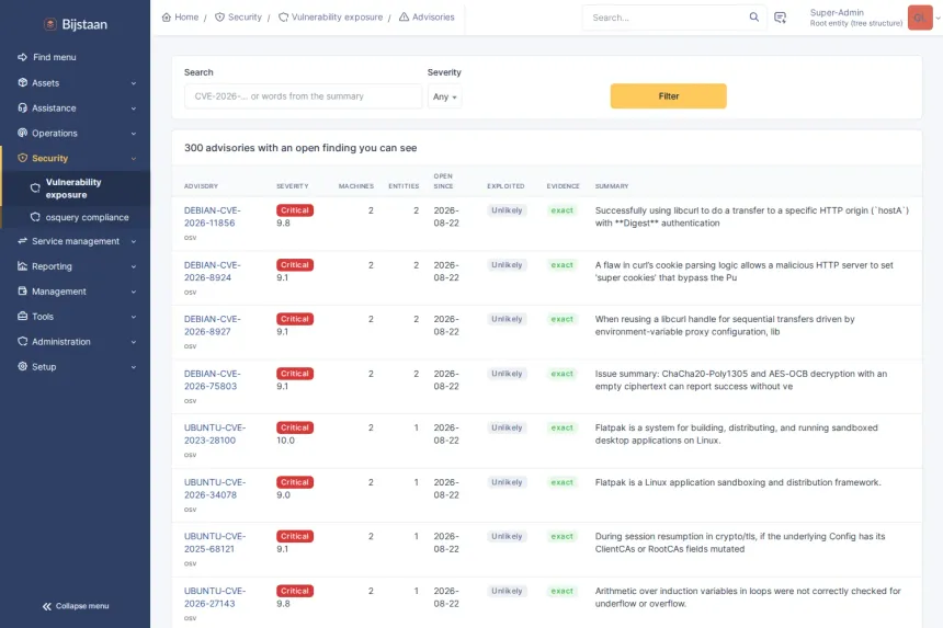Vulnerability and patch exposure derived from the software inventory already in GLPI. No agent, no scanner, no probing.