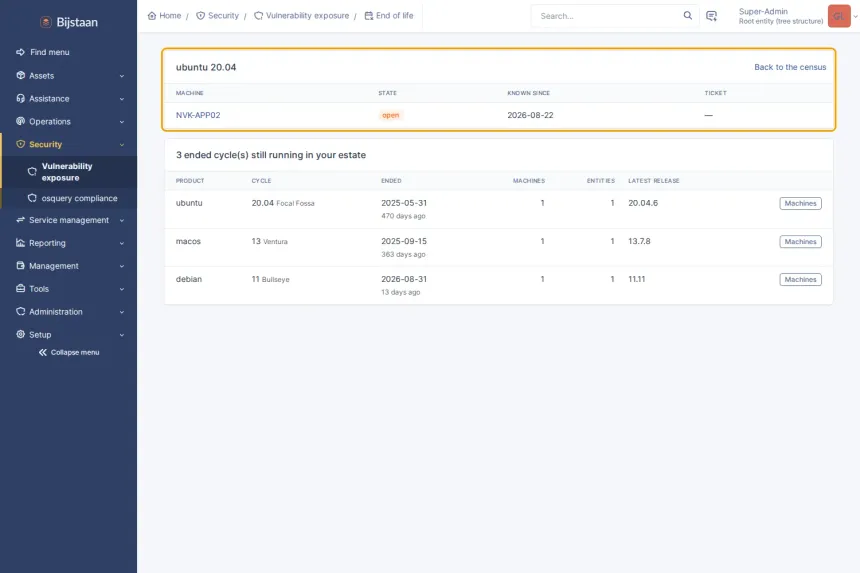 Vulnerability and patch exposure derived from the software inventory already in GLPI. No agent, no scanner, no probing.