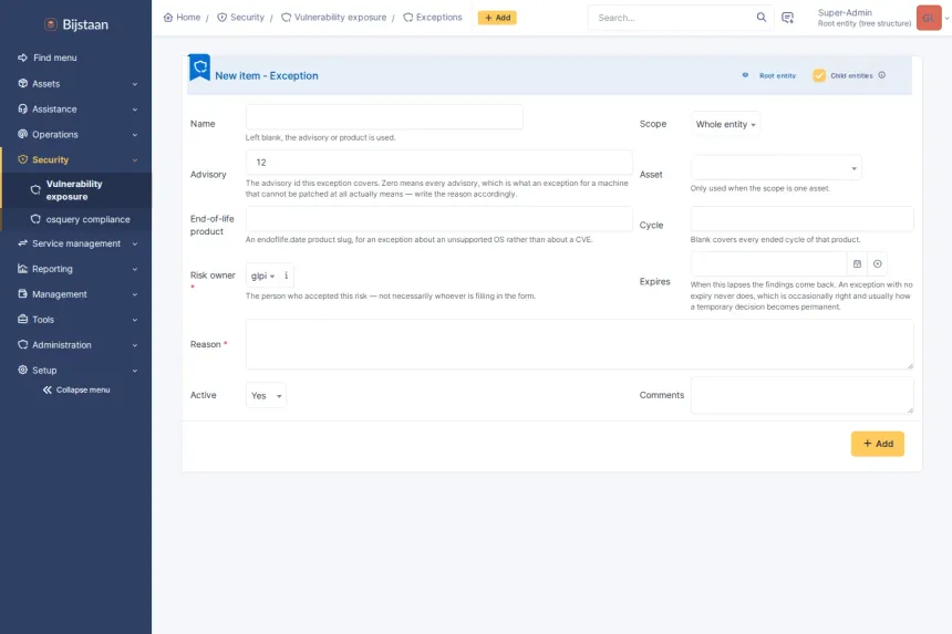 Vulnerability and patch exposure derived from the software inventory already in GLPI. No agent, no scanner, no probing.