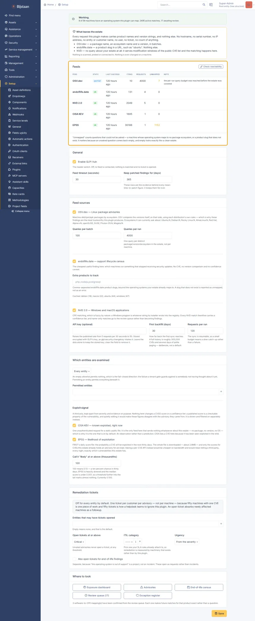 Vulnerability and patch exposure derived from the software inventory already in GLPI. No agent, no scanner, no probing.