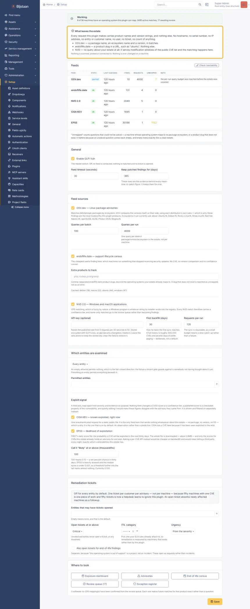 Vulnerability and patch exposure derived from the software inventory already in GLPI. No agent, no scanner, no probing.