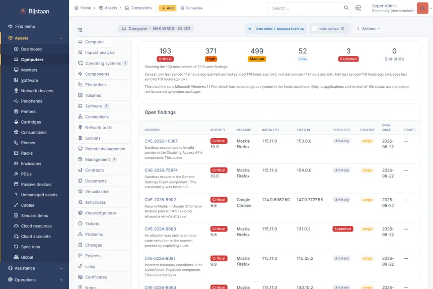 Vulnerability and patch exposure derived from the software inventory already in GLPI. No agent, no scanner, no probing.