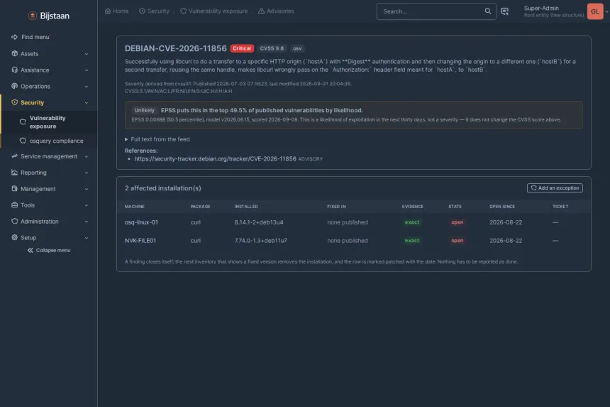 An advisory with the feed's text and references, and every affected installation with package, installed version, fix version, confidence tier and exposure clock