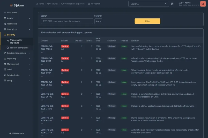Vulnerability and patch exposure derived from the software inventory already in GLPI. No agent, no scanner, no probing.