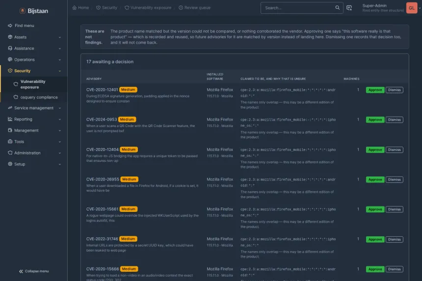 Review queue: name-level matches with the software, the claimed CPE product, machines affected, why it is unsure, Approve/Dismiss