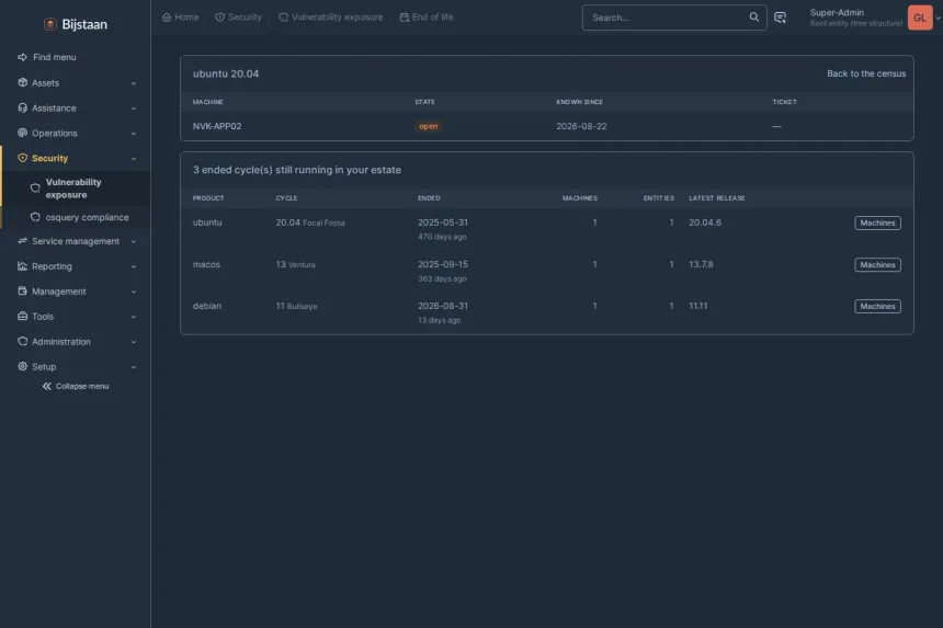Vulnerability and patch exposure derived from the software inventory already in GLPI. No agent, no scanner, no probing.