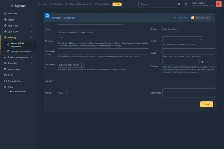 Vulnerability and patch exposure derived from the software inventory already in GLPI. No agent, no scanner, no probing.