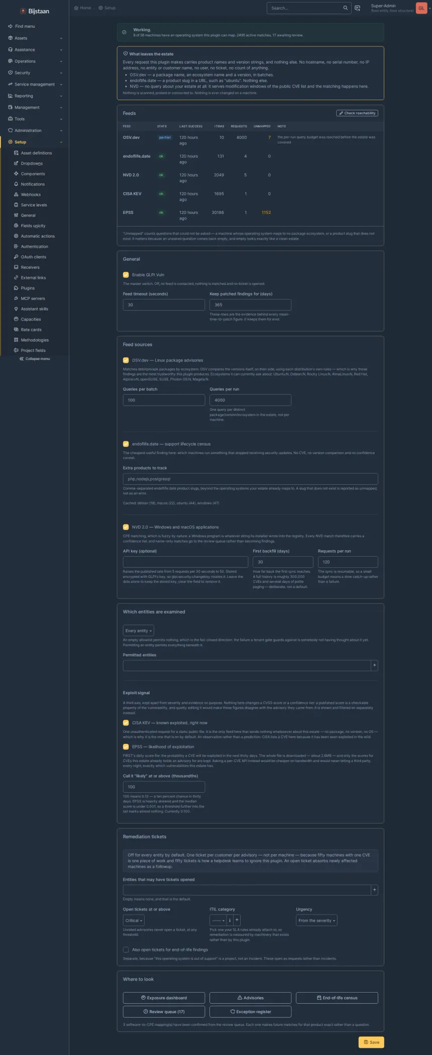 Settings page: status card, what leaves the estate, per-feed table with last run, item counts and unmapped count