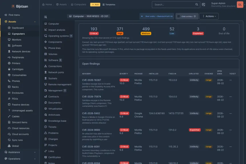 Vulnerability and patch exposure derived from the software inventory already in GLPI. No agent, no scanner, no probing.